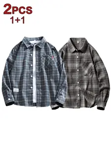 Men's Loose Fit Plaid Button-Up Shirt 2-Piece Set, Retro Street Style with Dual Color Design and Classic Pocket, Soft and Durable for Everyday and Party Wear