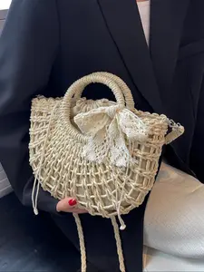Half-Moon Out Handbag,Boho Style Handbag,Simple Style Ins, Half-Circle Straw Bag, Beach Hand-Woven Bag,Beach Vacation Straw Woven Bag,Holiday Women's Bag,Vacation Bag For Summer, Perfect For Beach Vacation