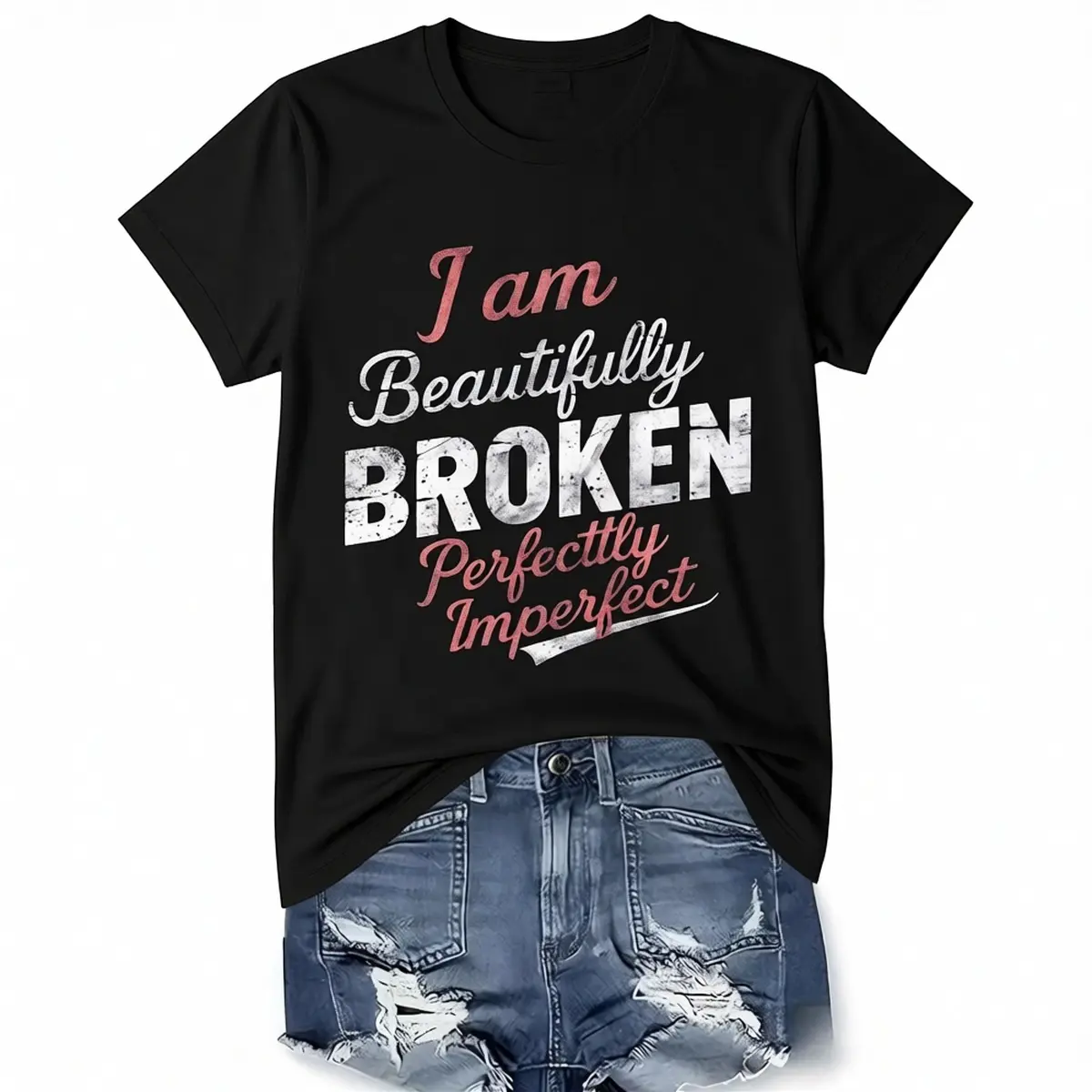 [100% Cotton] I Am Beautifully Broken, Perfectly Imperfect Women'S T-Shirt- Casual Sporty, Short Sleeve, Round Neck,  Black With Pink White Text, T-Shirt For Men And Women