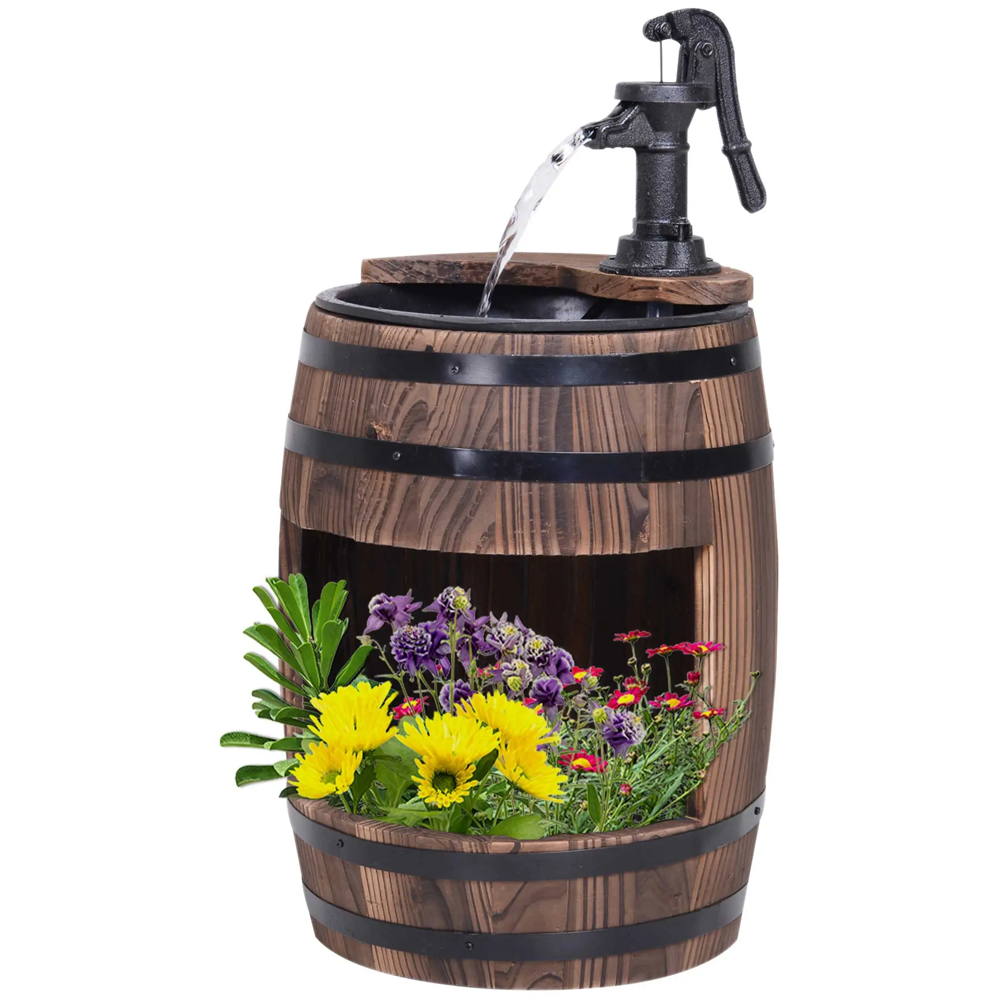 23" H Outdoor Water Fountain Wood and Plastic Rustic Apple Barrel Pump Garden Decor for Outside Backyard with Flowerpot Open Size 11" W x 6.5" H High-Quality Build Easy Installation