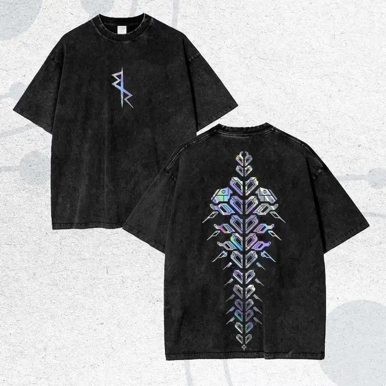 Mens Vintage Wash Oversized Cybercore Graphic Tee Holographic Futuristic Techwear Shirt for Gamers Streetwear Y2K Grunge Darkwear Aesthetic Acid Wash Heavyweight Casual Cotton Top Retro Sci-Fi Spine Print Drop Shoulder Loose Fit Daily Outfit Essentials
