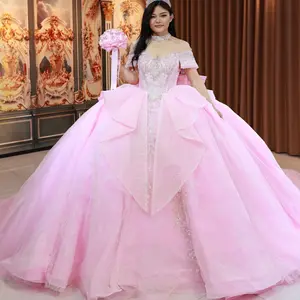 Sage Black Pink  Quinceañera Dress with a Long Train, Necklace Detail, and a Large Bow on the Back Sweet 15 Sweet 16