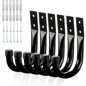 Metal Wall Hooks for  Heavy Duty, 6 count Garage Organization and Storage Hook for Extension Cord Tool Coat Backpack Bag, Large Utility J Hooks, Black Wall Mount Hanges for Outdoor Indoor