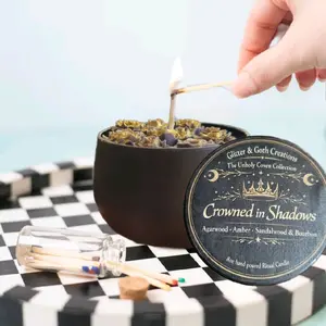 Glitter & Goth Creations Crowned in Shadows Agarwood Amber Sandalwood & Bourbon 8oz Hand Poured Ritual Candle for Resilience Power Growth Decor Light
