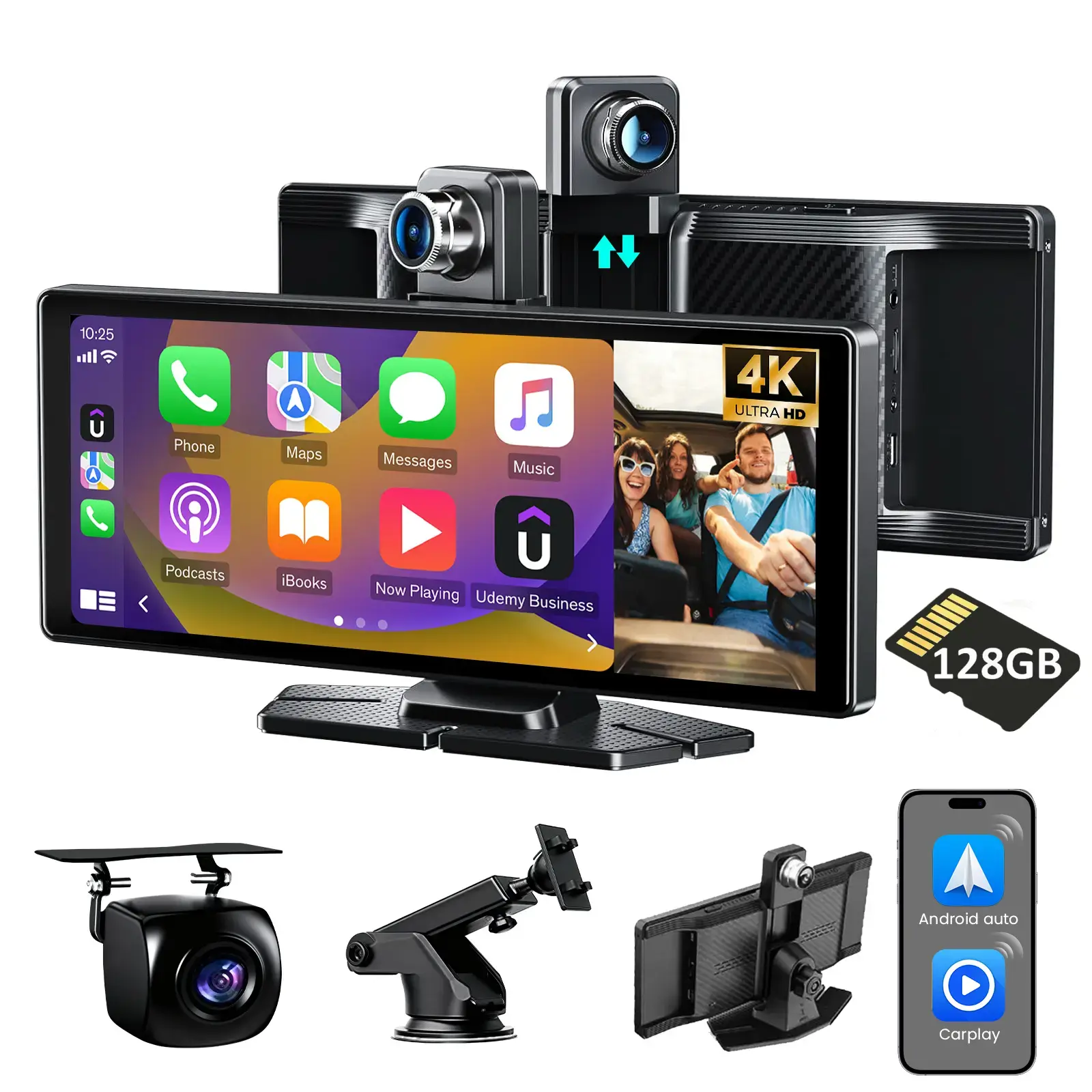 Cinandrow 10.26 Inch Portable Wireless CarPlay Android Auto Car Stereo 4K Dash Cam 2160p Backup Camera GPS Navigation Voice Control Mirror Link Smart Touchscreen Handsfree Calling Music Streaming Parking Assist Night Vision All Vehicles 2026 New Upgrade t