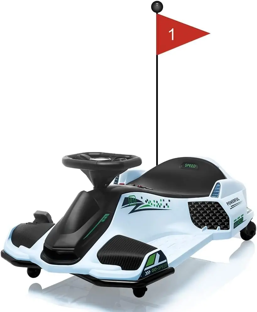 12V Ride On Go Kart,Kids Drifting Car with 45W Brushless Quiet Motor,5 Mph Electric Drifting Go-Kart,Battery-Powered Outdoor Ride-On Toy with 5 Wheels,Led Lights and Music for Teens(White)