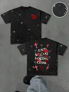 Men's Casual Streetwear Short Sleeve T-Shirt, Fitted, Bottom Silver Color Stars, Letter Print, Rose Cross Decoration, Comfortable Fabric, Tee