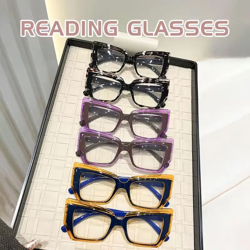 6PCS men's and women's fashionable retro square cat eye color blocked trendy high-definition reading reading reading reading reading reading reading glasses - elegant, artistic and simple PC material,+1.0 to+4.0 degrees, lightweight and durable, suitable