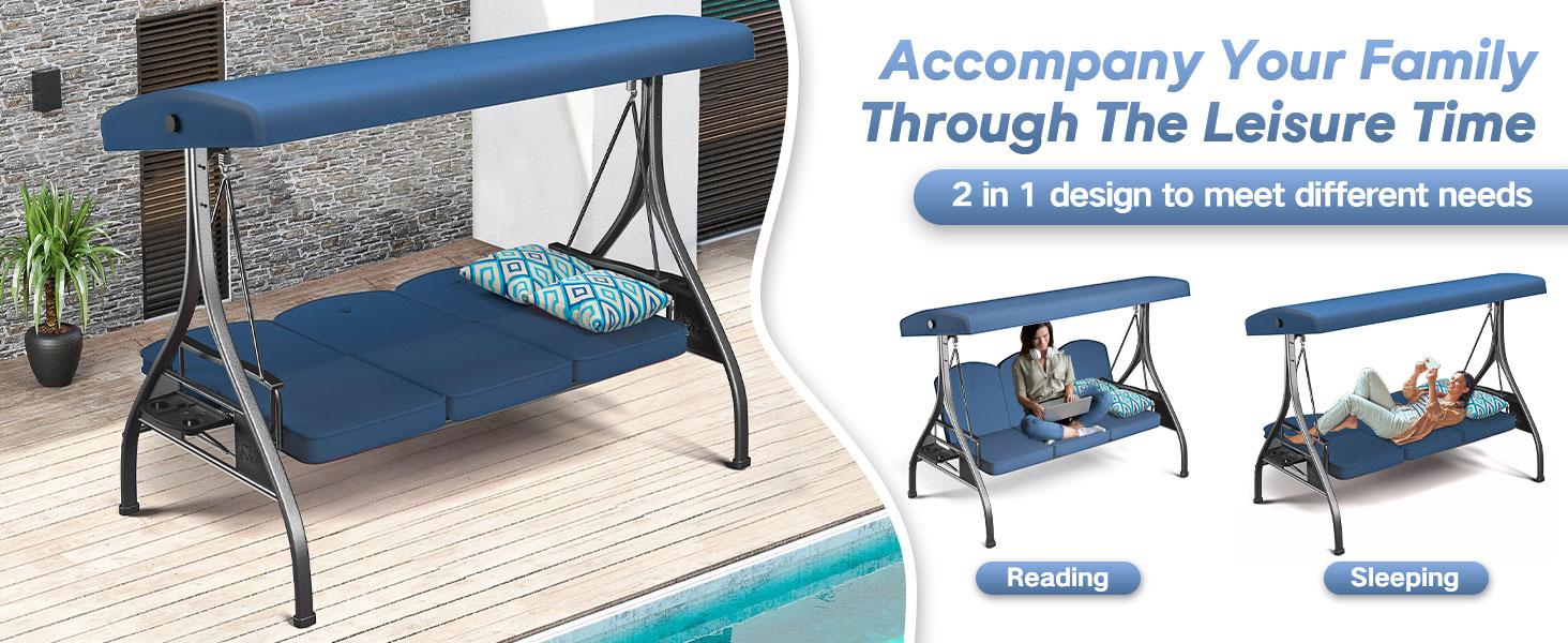 【Summervibes】3-Seat Outdoor Canopy Porch Swing with Stand, Patio Swing with Canopy, 2 in 1 Porch Swing Bed & Patio Swing Chair for Adult, Yard Swing Extra 2 Piece Free Pillows and Cup Holder