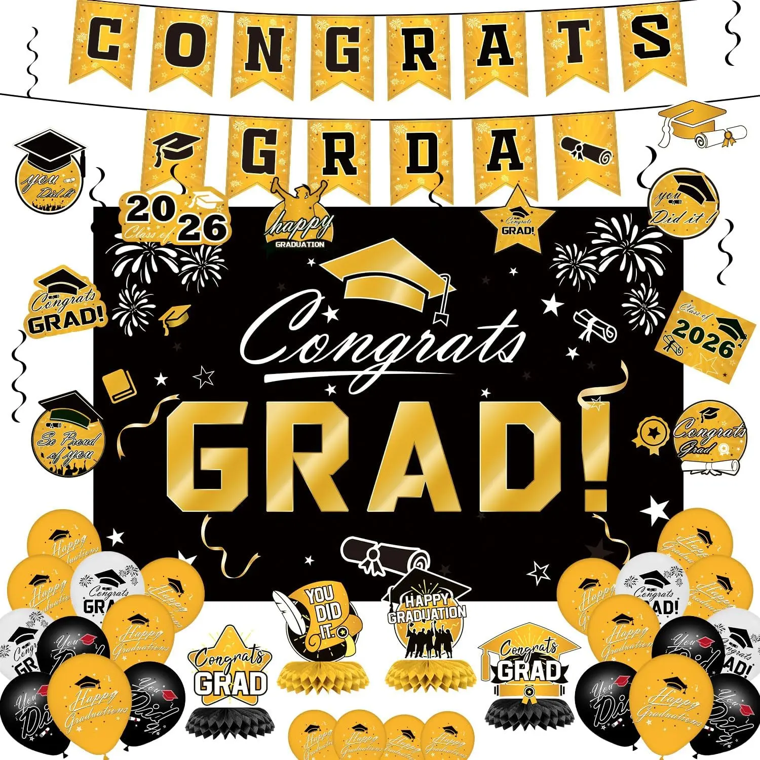 Graduation Party Decorations 2026  | Gold Theme Congrats Grad Set | Banner, Backdrop & Balloons