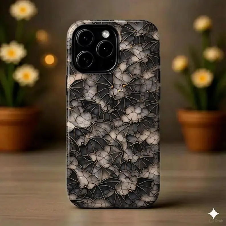 Gothic Bat Floral Durable Rubber Cellphone Casing, Ultra-Tough Shock-Resistance MagSafe Wireless Protective Accessory for iPhone 17-13 Pro Max, Dark Stained Glass Halloween Tech Devices Accessory