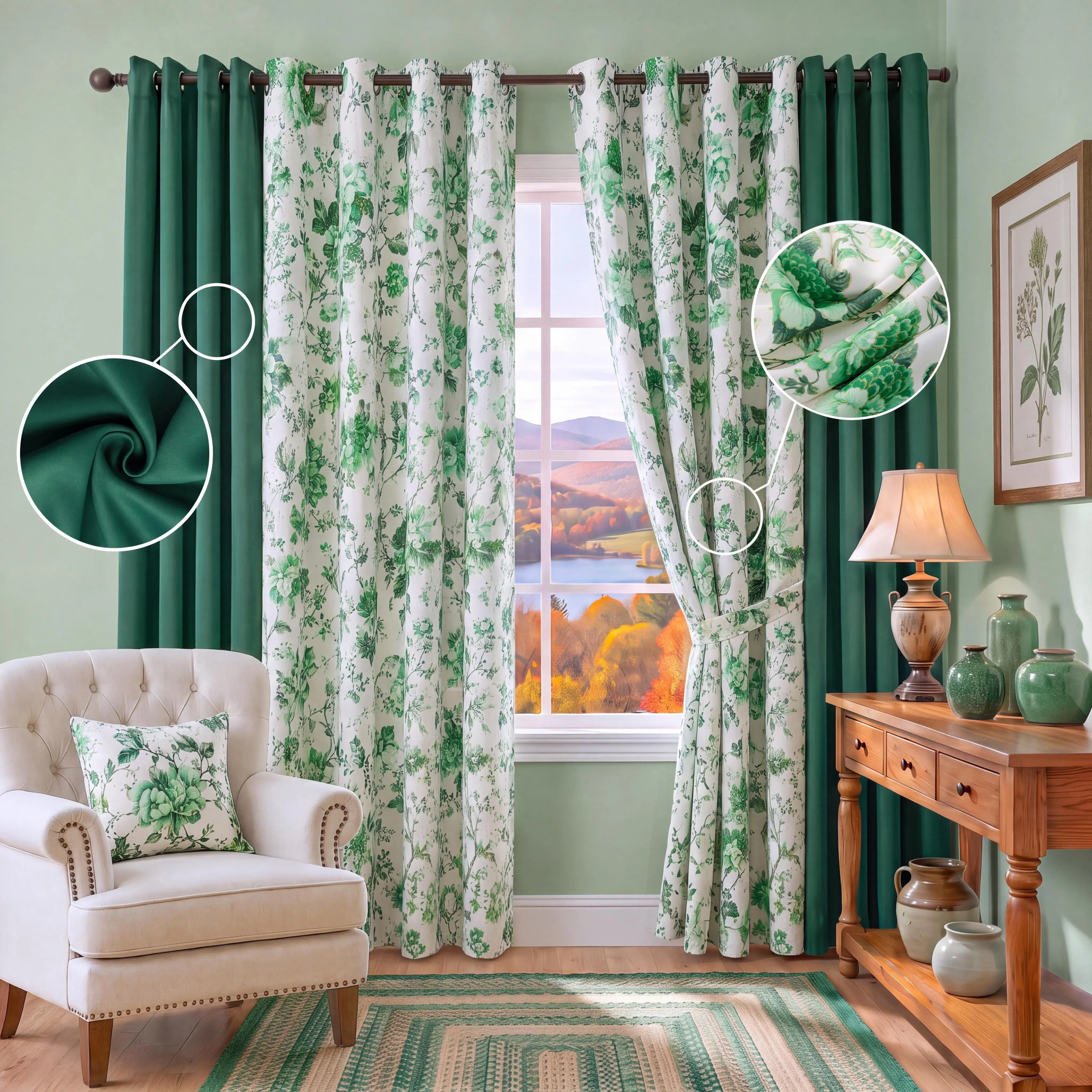 Opulent 4-Panel Set 52"x84" Grommet Drapes,2 Solid Full Blackout Panels +2 Floral Print with Metallic Silver Foil Blackout Panels,Thermal Insulated Light Blocking Noise Reducing,QF222 QF121,Home Decoration, living room bathroom Black Friday Holiday Home D