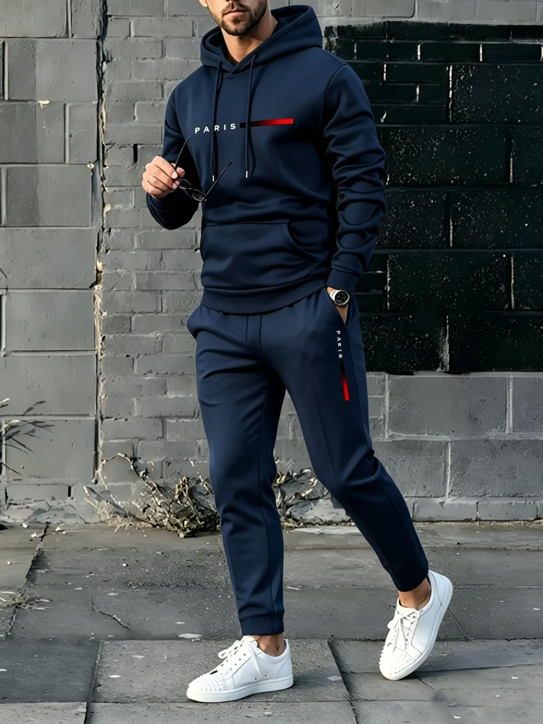 Men's Paris letter printed hoodie and drawstring sweatpants set fathersdaygift