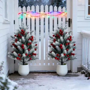Two artificial pine trees with 14 red berries, evergreen decorations suitable for gardens, patios, and doorways - maintenance-free artificial cedar shrubs, weatherproof and durable, enhancing garden aesthetics.