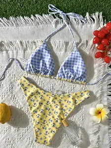 New Beach Pool Party Sexy Casual Fashion Blue Floral Women's Floral Print Bikini Halter Neck Swimsuit, Stylish Summer Swimwear