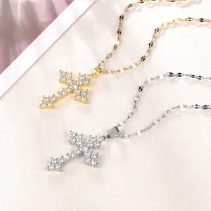 Zircon-Accented Gold Cross Necklace Stainless Steel Minimalist Jewelry for Women Girls Christmas Birthday Modern Versatile Accessories Necklinphalt