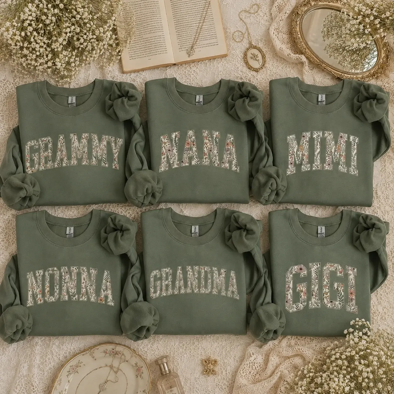 Personalized Grammy Nana Mimi Nonna Grandma Gigi Sweatshirt, Custom Family Name Crewneck, Floral Varsity Letter Sweatshirt, Matching Family Gift, Mother’s Day Gift - JACKSON HOAI STORE