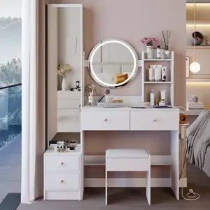 Full Body Mirror Cabinet & Round LED Vanity Table Set with Cushioned Stool, 17" Touch Control 3-Color Dimmable Mirror, Built-in 2AC+2USB Power Station, Large Desktop Storage