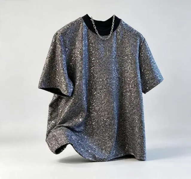 Men Shiny Glitter Sequin Short Sleeve Crew Neck T Shirt, Loose Short-sleeve T-shirt, Stylish Casual Top For Men and Women