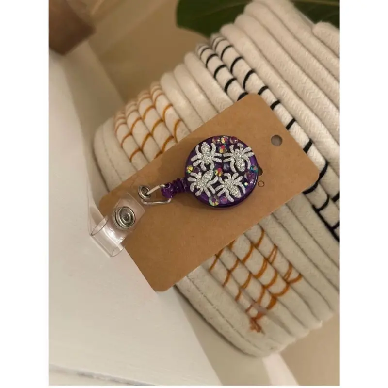 Purple Rhinestone Creepy Crawly Spider Badge Reel  Badge Holder