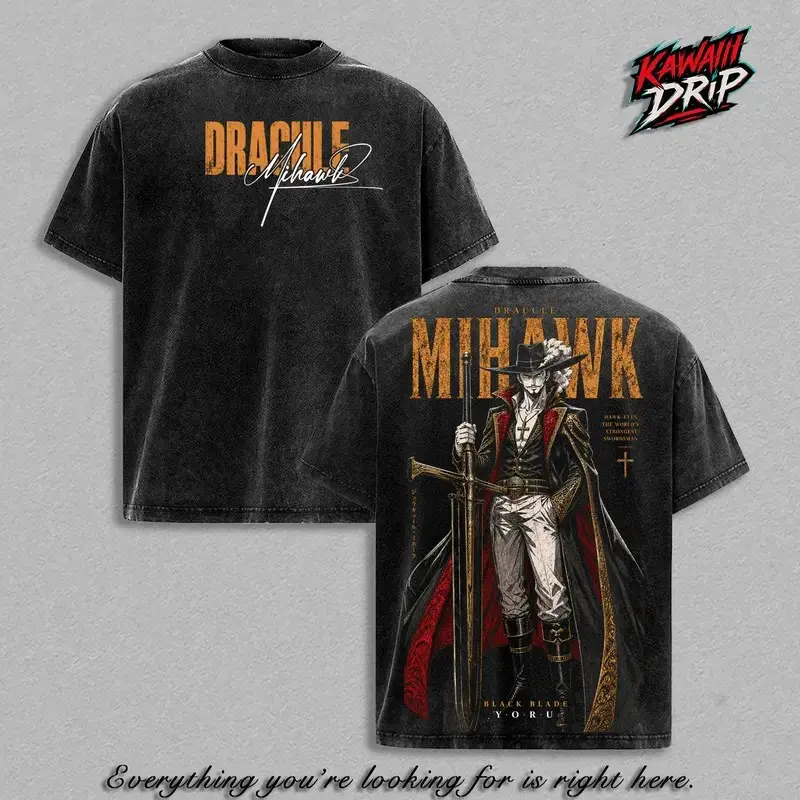 Dracule Mihawk One Piecee Vintage Washed Anime T-Shirt Hawk Eyes Strongest Swordsman Graphic Tee Oversized Heavyweight Cotton Shirt Unisex Manga Streetwear Top Gift for One Piecee Fans