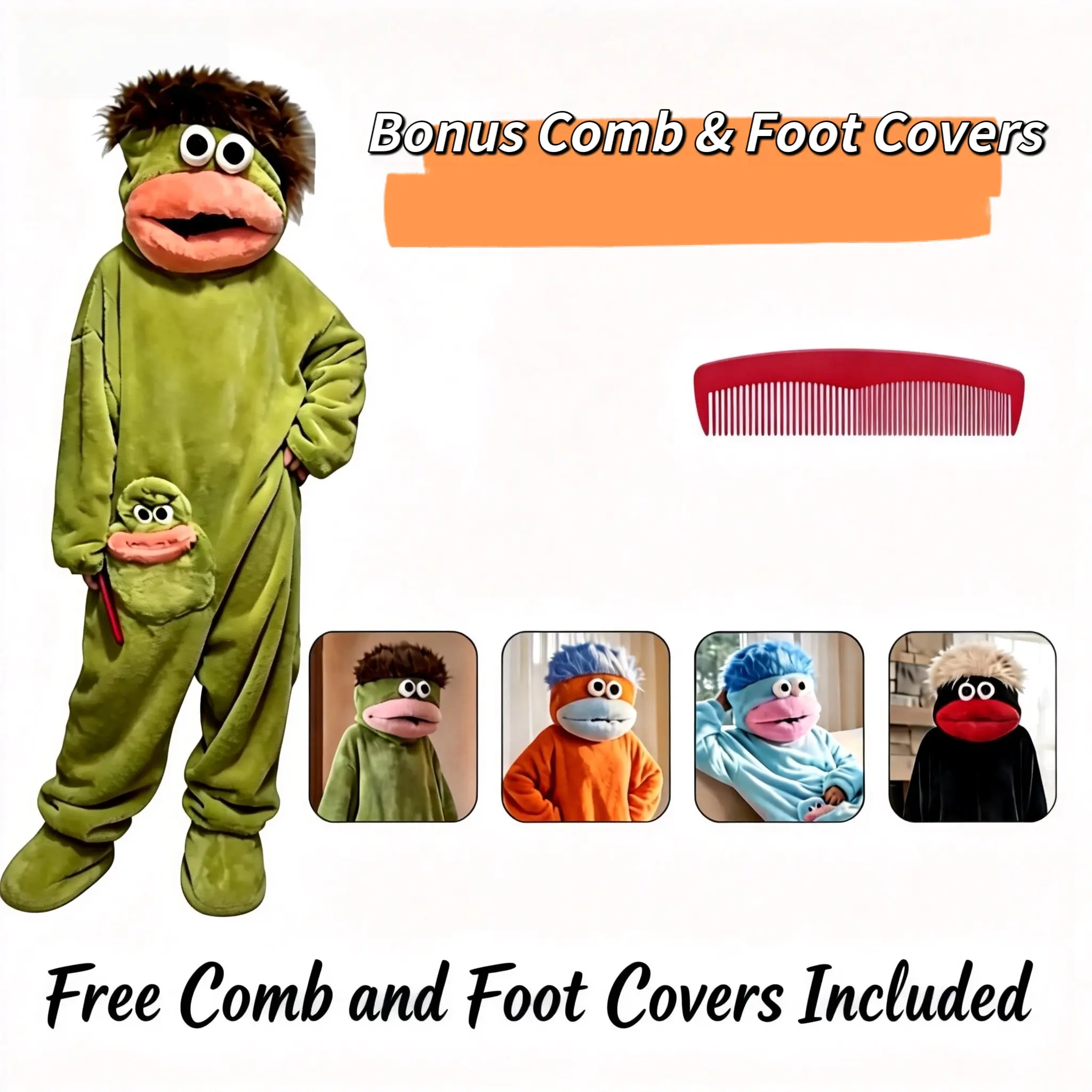 Thick Long Sleeve Monster Onesie Pajamas - Plush Fleece Hooded Kangaroo Jumpsuit, Funny Character Costume, Ultra-Soft Cozy Warm Nightwear, Fits Most, Machine Washable Breathable Fabric, Home Lounging Gift-Ready Party Accessory, Bonus Comb