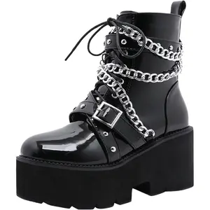 Women’s Patent Leather Platform Ankle Boots Multi Chain Buckle Strap Lace Up Goth Punk Edgy Studded Casual Party Streetwear Footwear