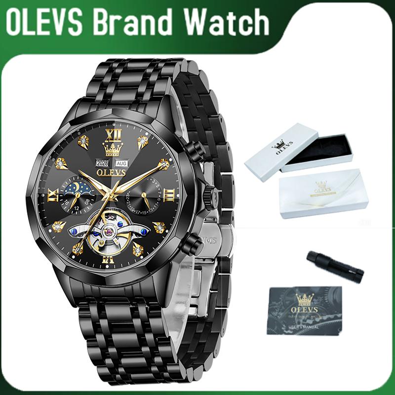 OLEVS Men's Automatic Watch, Self-Winding Mechanical Movement, 43mm Stainless Steel Case, 30M Water Resistance & Luminous Night Function, Skeleton Dial, Casual Business Wristwatch