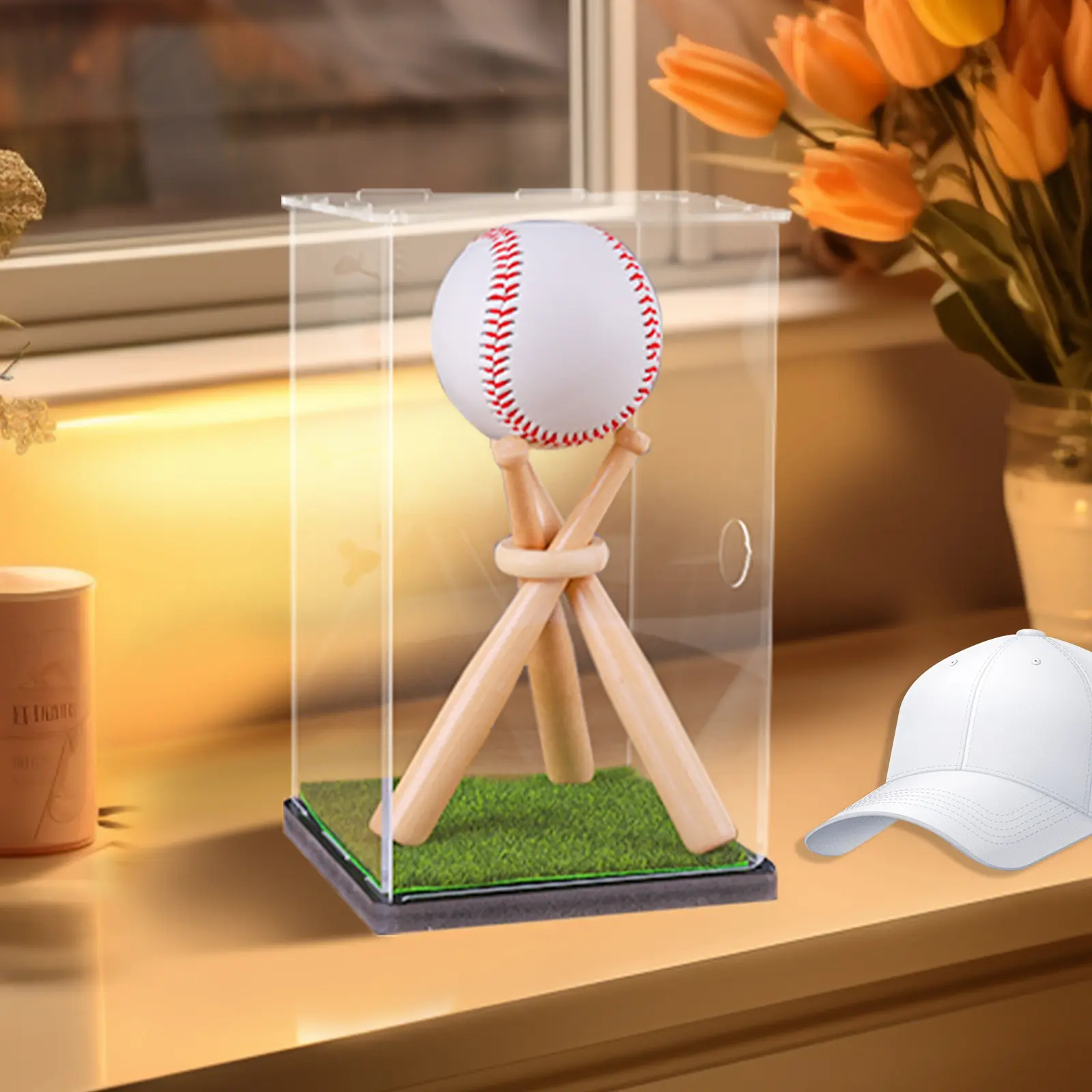 Baseball Display Case with Wood Stand, Clear Acrylic Game Ball Holder, Collectible Display Box for Baseball Lovers as Gifts