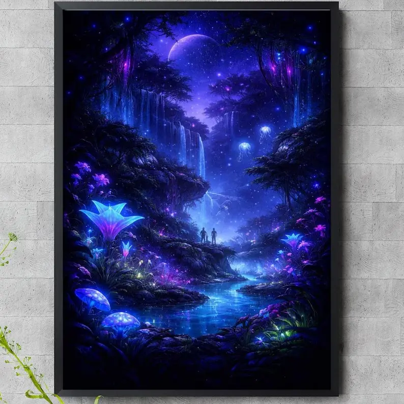 (unframed) Poster Bioluminescent Fantasy Forest Print - Avatar-Inspired Artistic Landscape Photo, Glowing Waterfall Room Decor Wall Art for Home Supplies, Modern Art, Wall Display homedecor, Decoration, Contemporary Art