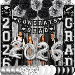 Graduation Party Decorations Class 2026, Graduation Decorations with Congrats Grad Banner Fringe Foil Curtain Paper Flower Ball Balloons for High School College Graduation Party Supplies, Black Silver
