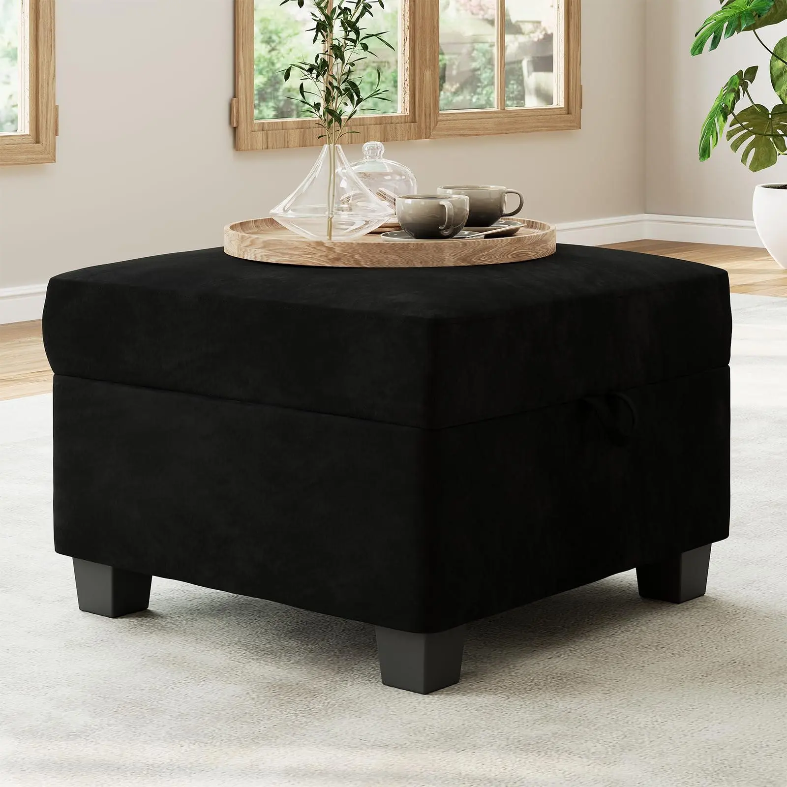 Minimalist Square Velveteen Upholstered Storage Ottoman - 26x26x17in Footstool with Storage, Seat Cube & Hidden Compartment for Living Room Sectional Sofa
