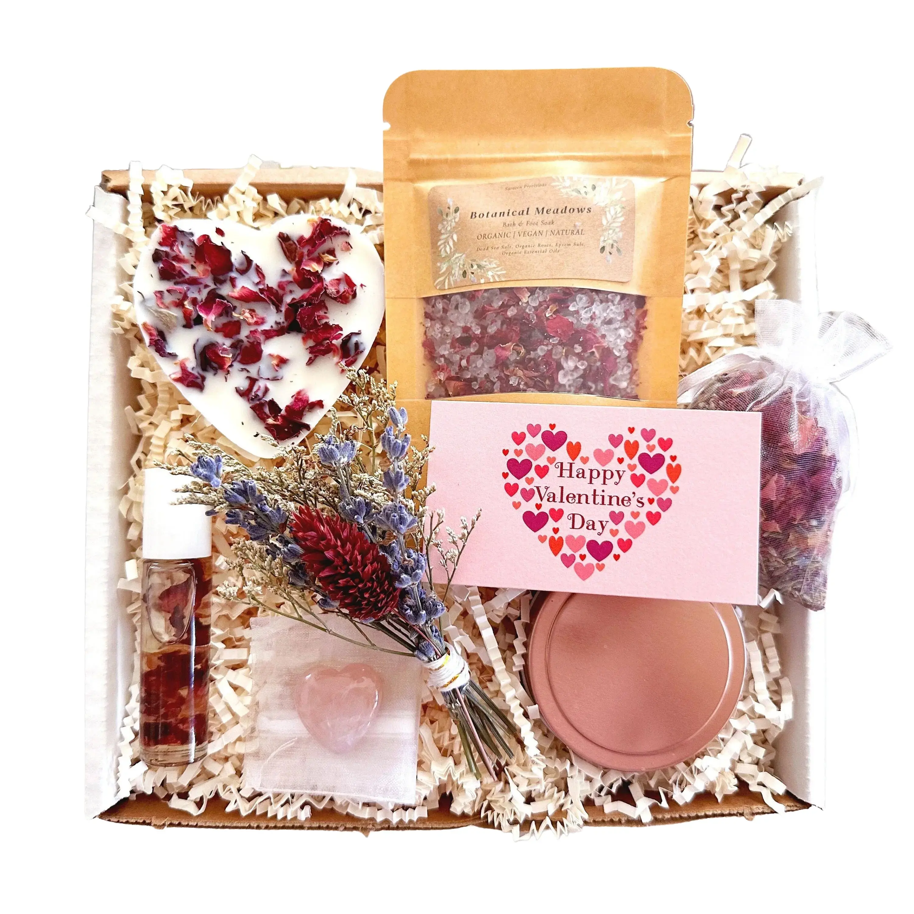 Happy Valentine’s Day Floral Crystal Gift Box, Mental Health Self-Care Package, Organic Love and Support Basket, Stress Relief
