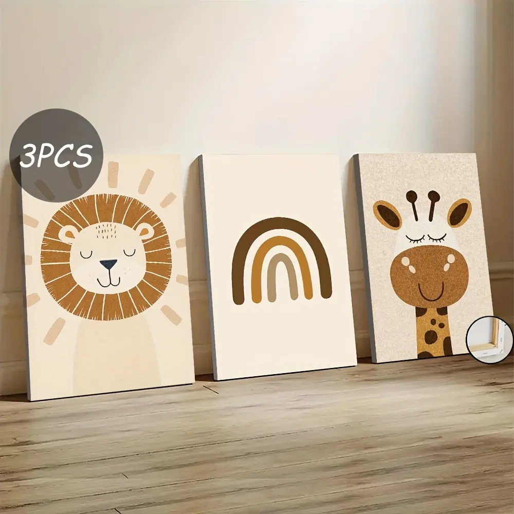 3Pcs, [Cartoon Lion, Giraffe, Rainbow] Wooden Frame Canvas Wall Art - Vintage [Nordic Childlike Fun] Wall Decoration, Suitable For [Children'S Room, Baby Room, Kindergarten] Decoration, Indoor Wall Art Decoration |   [Animals And Nature] Themed Decoration