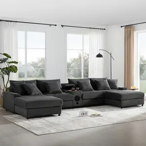 144*64'' Corduroy Sectional Sofa with Bluetooth Speakers, U Shaped Couch with Console, USB Charger, Cup Holders, Storage, Ottoman, Deep and Wide Seat Cloud Sofa for Living Room&Apartment