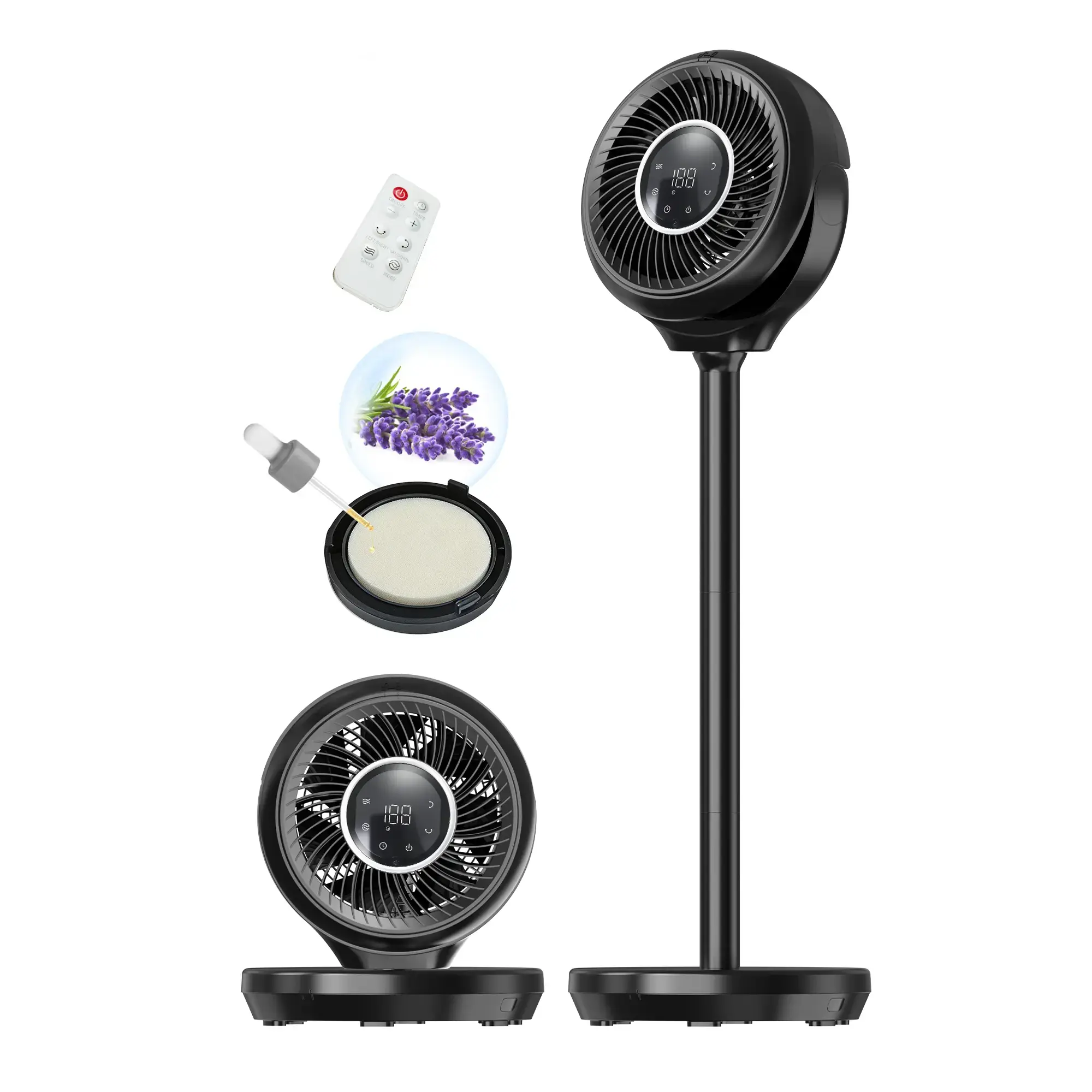 Adjustable Cooling Pedestal Fan for Bedroom - 180° Wide Oscillating, 90° Vertical Tilt, 25Db Ultra Quiet Motor, 15 Speed Circular Multi-Speed Settings, 3 Modes, 12H Timer, 15-38" Height Adjustable, Remote Control