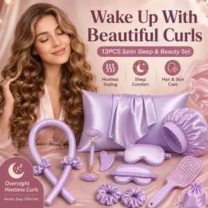 13pcs Heatless Hair Styling Set, Sleep Hair Curler Tools with Spray Bottle, Facial Roller Massager, Beauty Care Kit for Women, Light Coffee