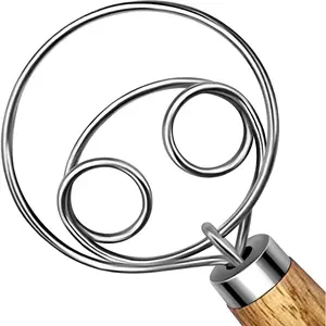 Stainless Steel Dough Hook Dutch Whisk for Sourdough Bread Dough Mixer Hand Wooden Handle Kitchen Whisking Mixing Tool Bread Making Tools and Supplies