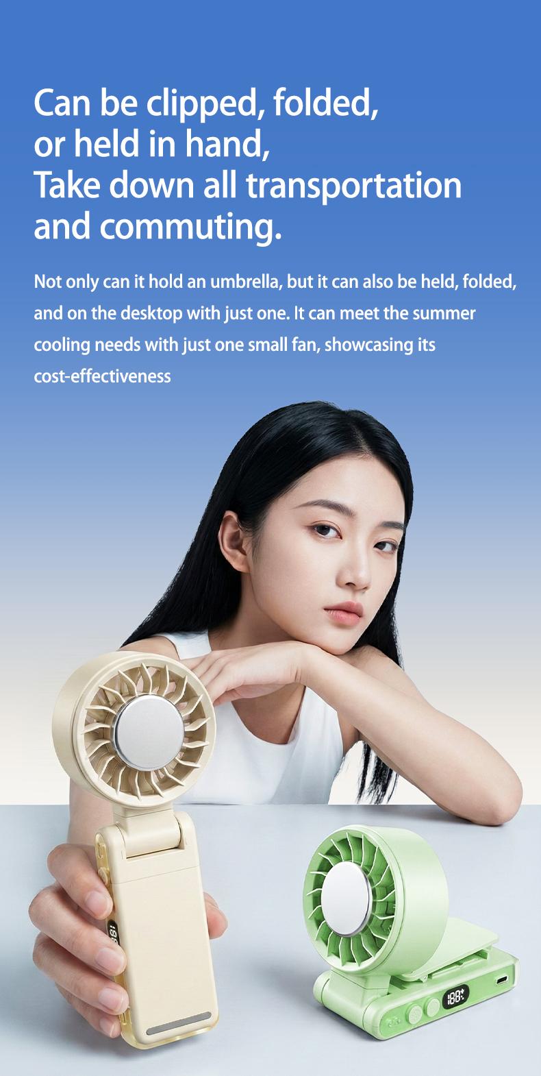 5-in-1 Portable Mini Fan | 5-Speed, Digital Display, 180° Rotation | Clip on Umbrella, Waist, Desk, Handheld | Rechargeable Personal Cooling Fan