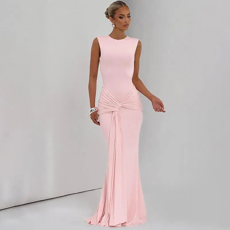 Ribbon Detailed Sleeveless Cutout Back Mermaid Maxi Dress for Women's 2025 Fall Winter New Solid Color Slim Fit Sexy Elegant Look Dates Vacation Beach Evening Gowns Dresses