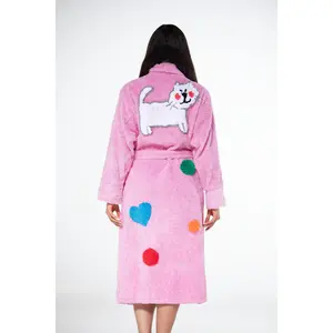Confetti Kitty Chenille Bathrobe in Lipstick Pink 2025 - Long Sleeve Cartoon Prints with Cat and Hearts, Soft Cotton-Polyester for All Seasons, Handcrafted Vintage Charm for Cat Lovers and Celebration Enthusiasts - Loungewear