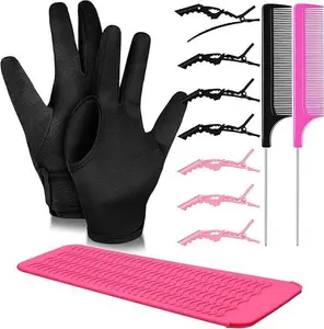 Professional Hair Styling Kit with Straightening Iron & Heat Resistant Gloves - 5-in-1 Salon Set Includes Curling Iron Heat Protector, Alligator Clips, Tapered Comb for Home & Salon Use