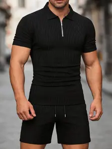 Men's Ribbed Knit 2 Piece Outfit, Slim Fit Half Zip Polo Short Sleeve & Drawstring Shorts, Form Fitting Casual Tracksuit for Summer, Streetwear, Gym, Daily Wear, Comfortable Stretchy Fabric #springsaledeals2026 #summeroutfits #tiktokshopmademebuyit