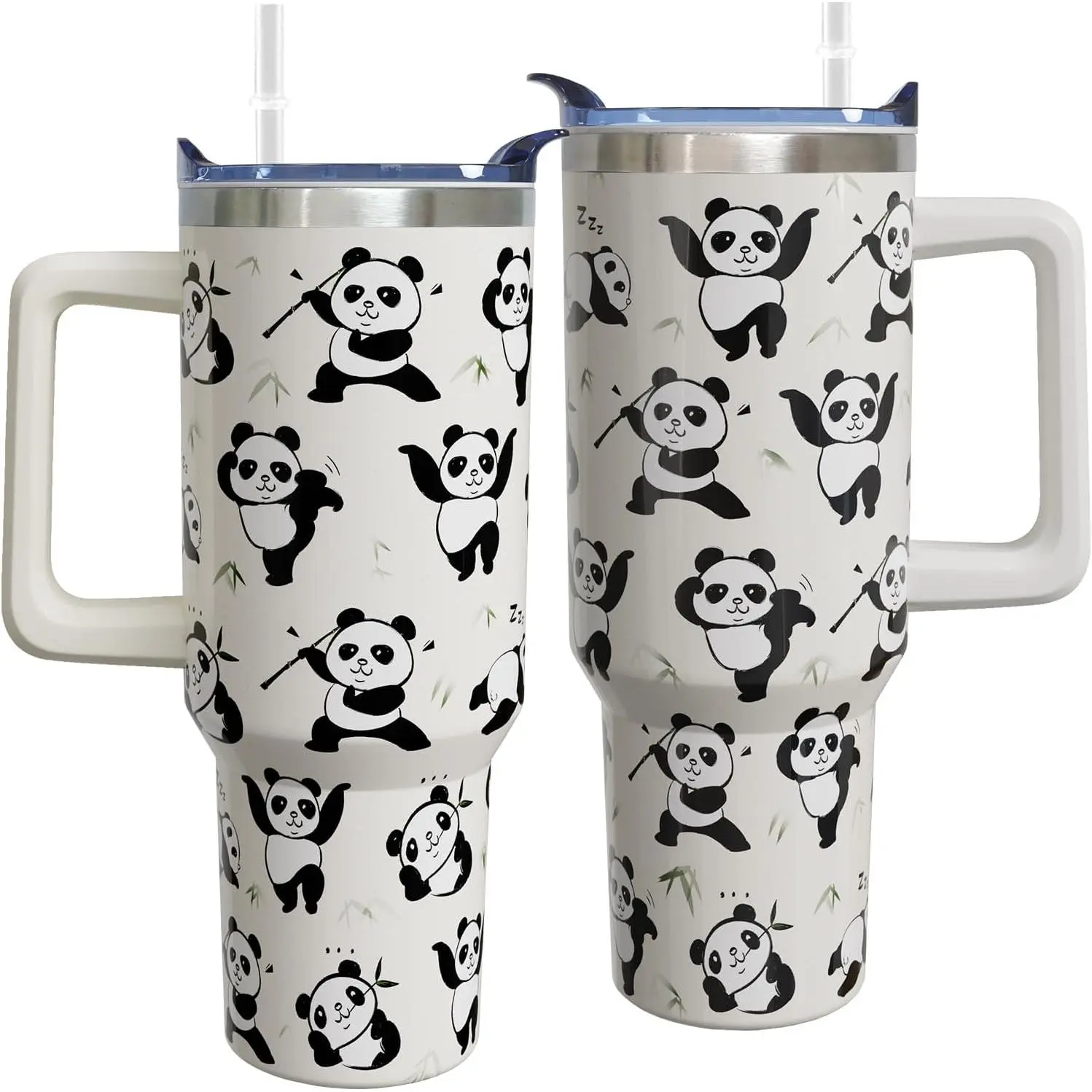 Women's 40 oz Portable Insulated Leakproof Stainless Steel Panda Vacuum Flask Tumbler Set - Kitchenware Drinkware with Handle, Lid, Reusable Straw, Plastic Components, Cute Gift