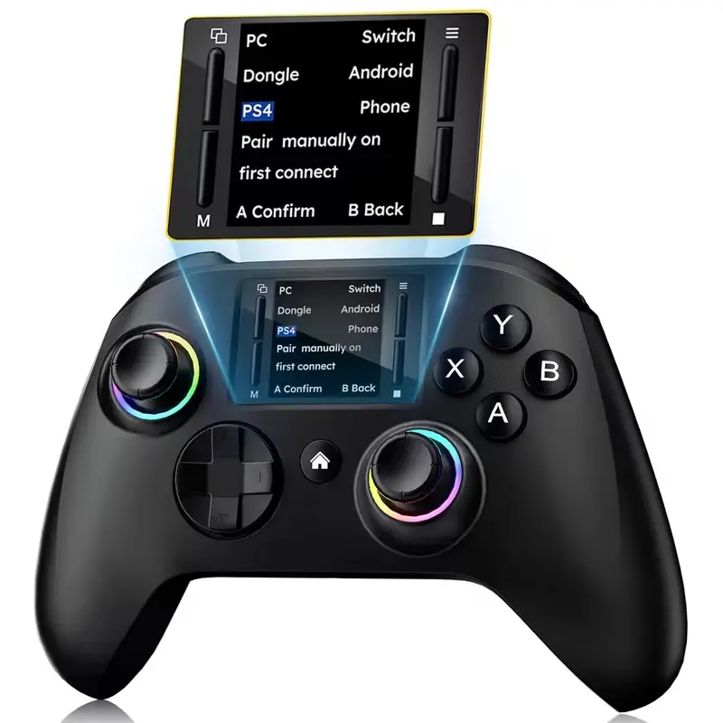 Wireless interactive screen game controller compatible with for PC, PS4, Switch, Android, and iOS devices, featuring 4 programmable buttons, rapid fire function, six-axis gyroscope, dual vibration feedback, and RGB lighting