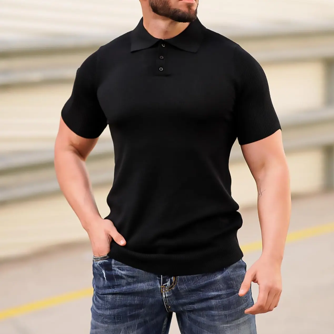 GINGTTO Men's Short-Sleeve Knit Polo Shirts Casual Golf Tops Slim-Fit Muscle Polo for Daily Wear