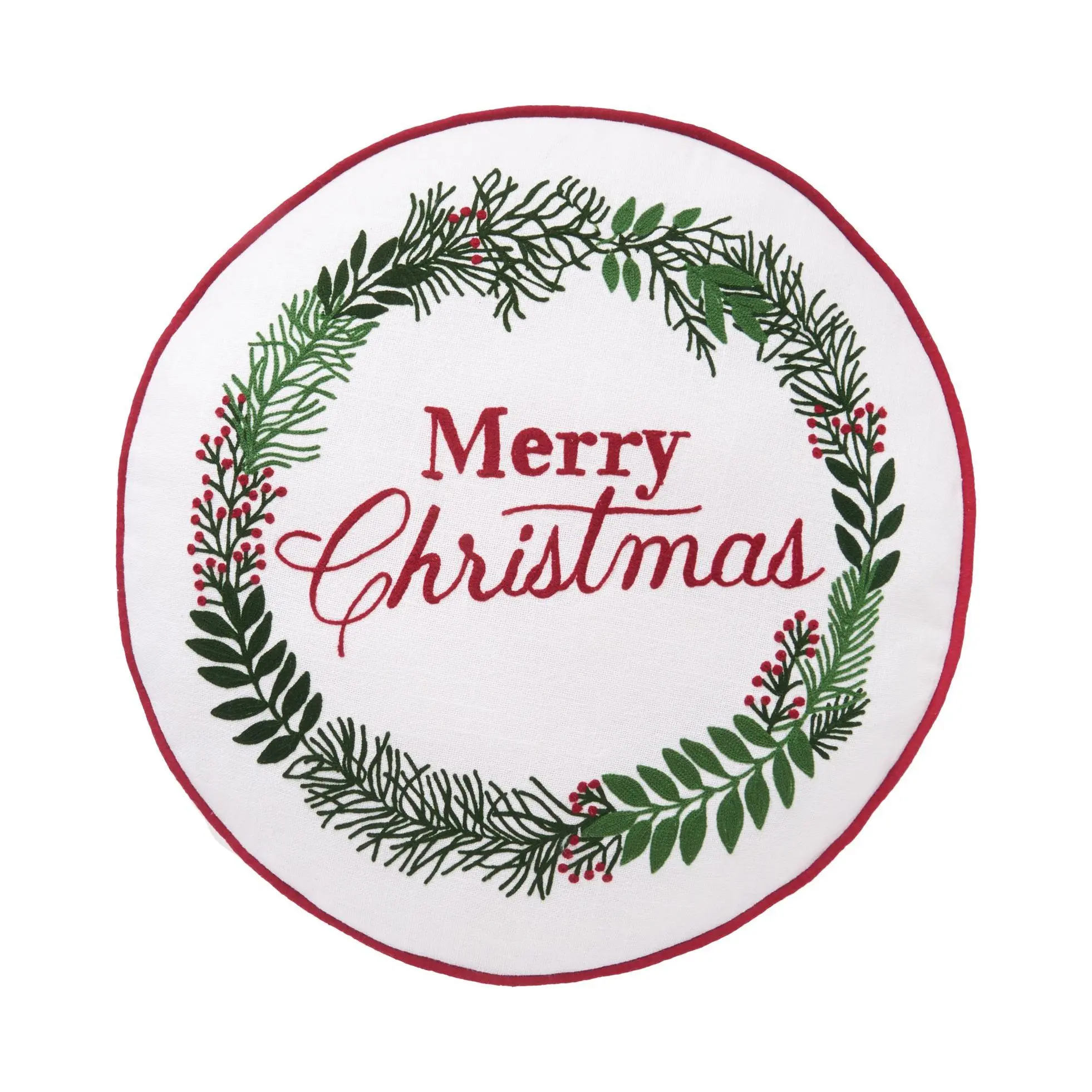 Merry Christmas Berry Wreath Round Pillow by Valerie