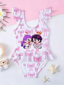 Cartoon Kids Girls One-Piece Swimsuit, Pink Bow Ruffle Beach Swimwear, Best Gift for Birthday & Back to School