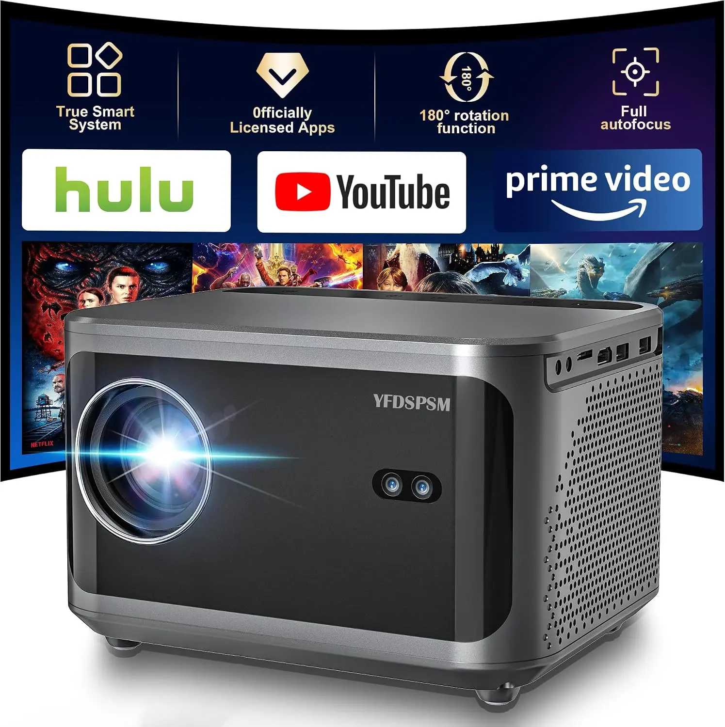 DEYSINN -Native 1080P Projector with WiFi and Bluetooth, 4K Support Mini Projector | Built-in APPS Smart Projector Auto Focus & Keystone Portable Outdoor Movie Projectors, Home Theater Bedroom Window Projector