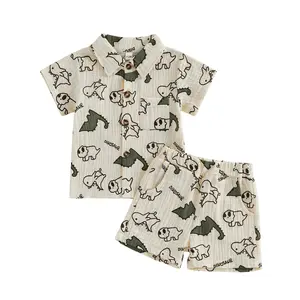 Baby Toddler Boy 2-Piece Summer Outfit - Cotton Blend Short Sleeve Turn-Down Collar Top, Animal Print Dinosaur Duck Shorts, Cute Casual Baby Clothing Gift Set, Short Sleeves